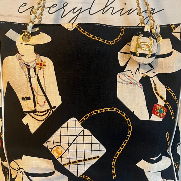 CHANEL Vintage Rare COCO Shoulder Tote Navy White Gold Chain Bag Purse - Picture 2 of 11